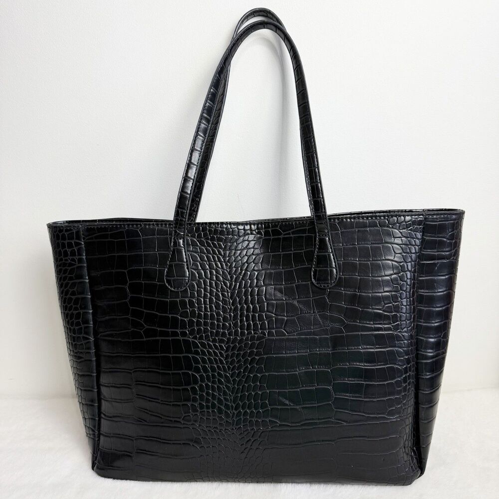 Mia K Farrow MKF Oversized Tote Purse Black Croc Embossed Faux Leather - Picture 3 of 12